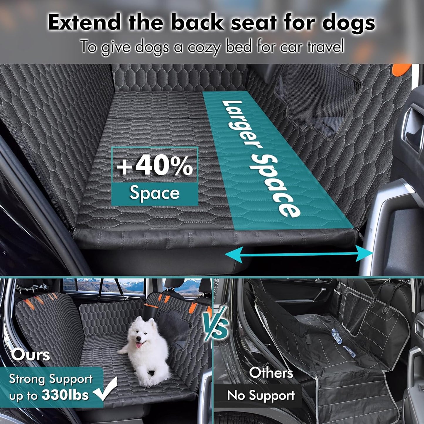 Back Seat Extender for Dogs-Supports 400lb,Waterproof Dog Car Seat Cover Hard Bottom-Detachable,600D Heavy Duty Scratch Proof Nonslip Soft,Dog Hammock for Car,SUVs